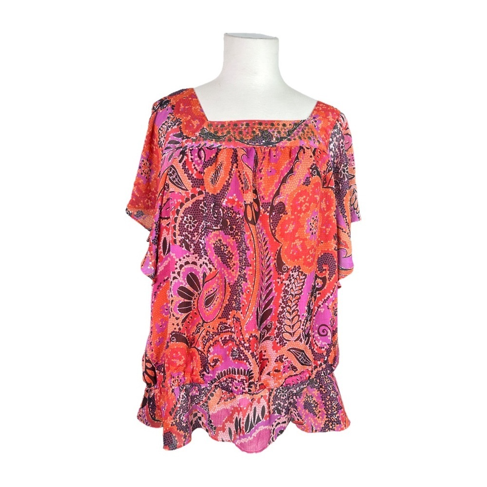 Plus Size Apt. 9 Colorful Lined Ruffles Metal Embellished Flirty Top 1X
